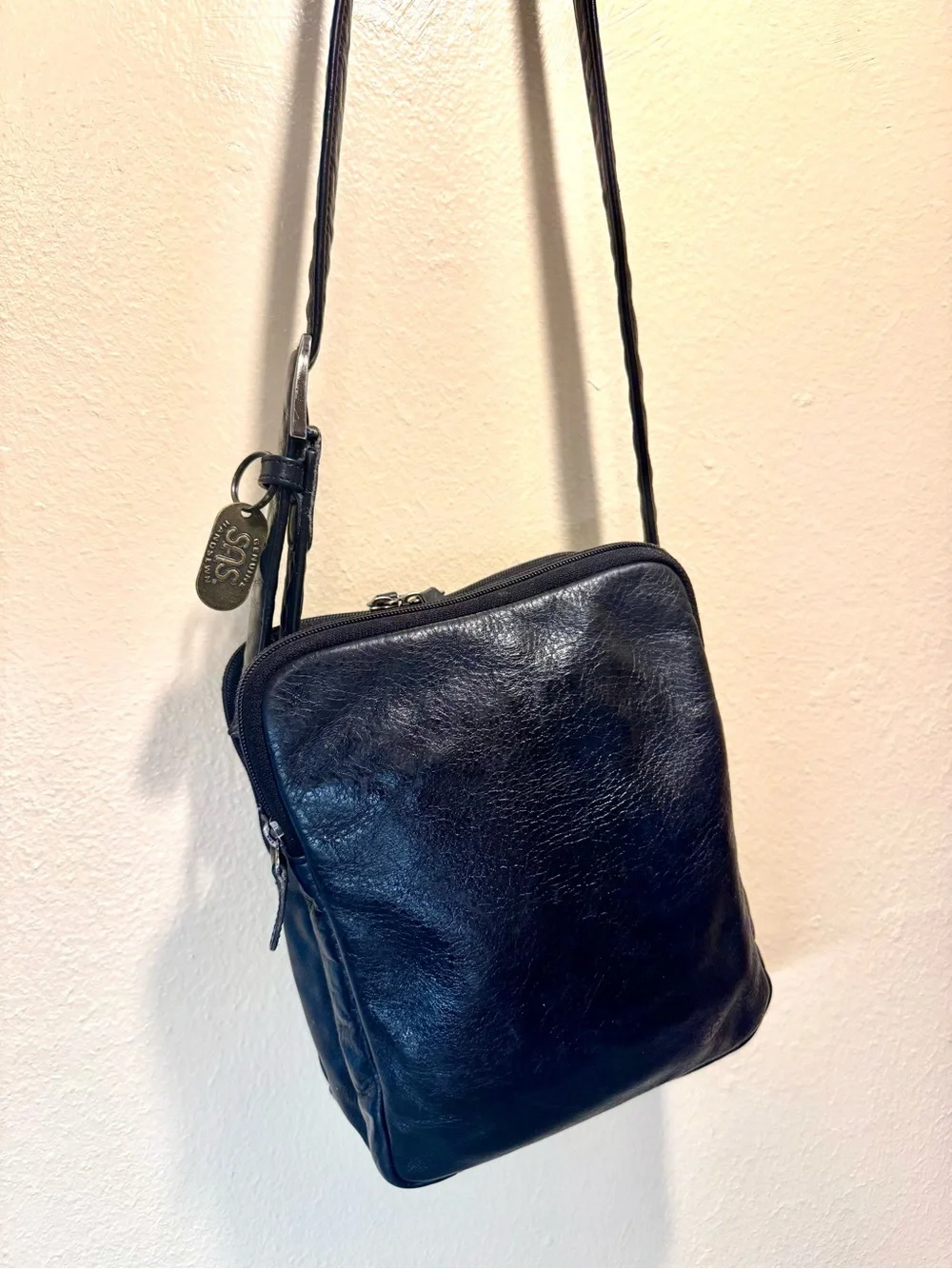 SAS Black Leather Messenger Crossbody Bag
